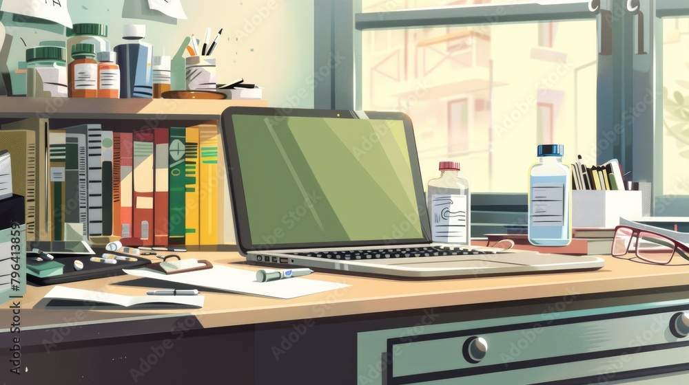 Doctor's workplace with laptop and medical supplies in office Doctor's workplace with laptop and medical supplies in office