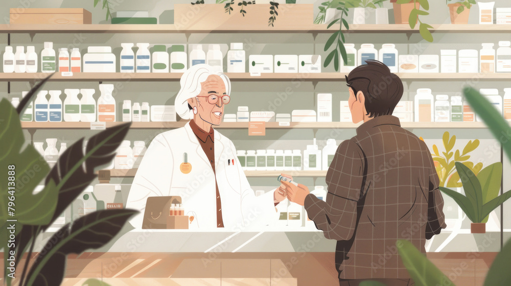 A man standing in front of a counter engaging in conversation with another man in a casual setting