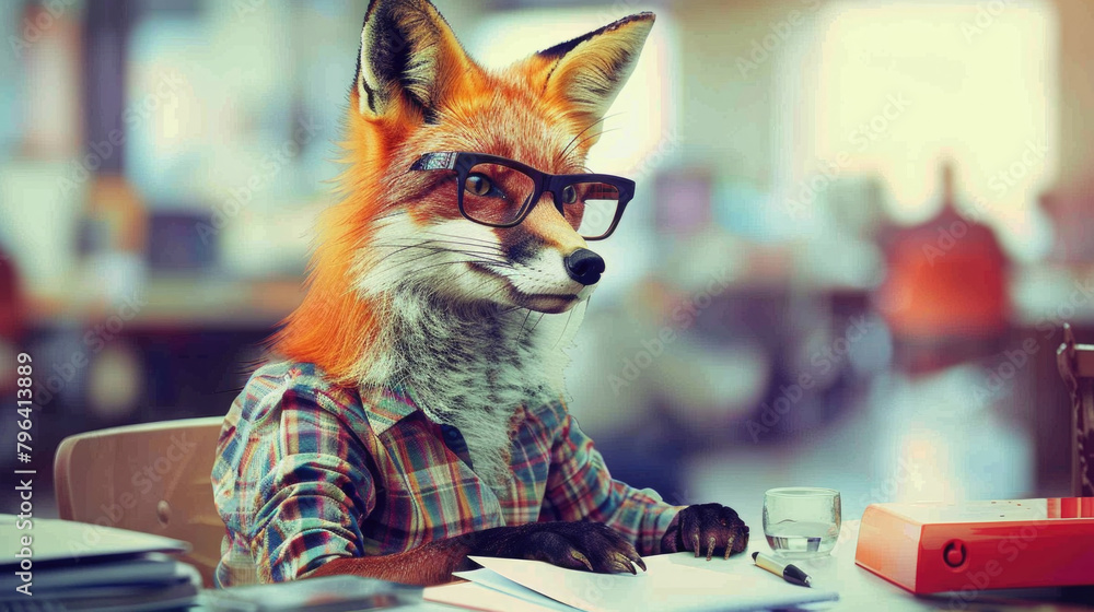 Fototapeta premium A fox with glasses sitting at a desk, appearing focused and attentive