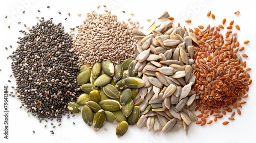 Health-focused top view of a mix of chia seeds, flaxseeds, pumpkin seeds, sunflower seeds, and sesame seeds, highlighting essential nutrients, isolated background, studio lighting