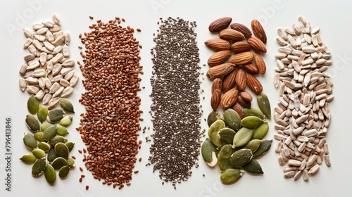 Health-focused top view of a mix of chia seeds, flaxseeds, pumpkin seeds, sunflower seeds, and sesame seeds, highlighting essential nutrients, isolated background, studio lighting