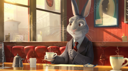 A rabbit dressed in a suit is seated at a wooden table photo