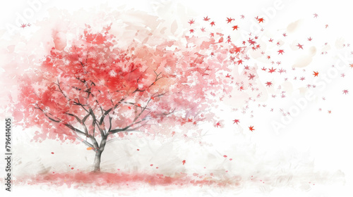 A painting of a tree with vibrant red leaves against a blue sky