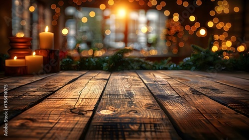 High-quality photo of a wooden table with a blurred bokeh lights background for product display. Concept Wooden Table, Bokeh Lights, Product Display, Photography, High Quality photo