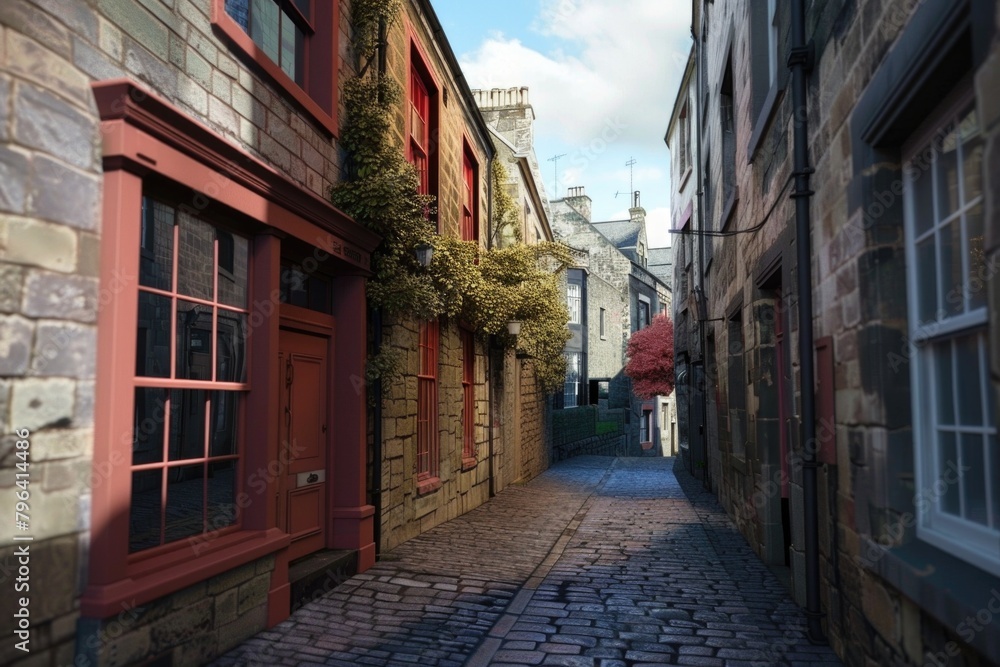 Charming cobblestone street with a vibrant red door, perfect for architectural or travel projects