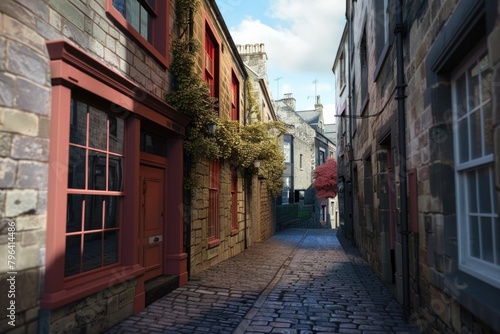 Charming cobblestone street with a vibrant red door, perfect for architectural or travel projects © Fotograf