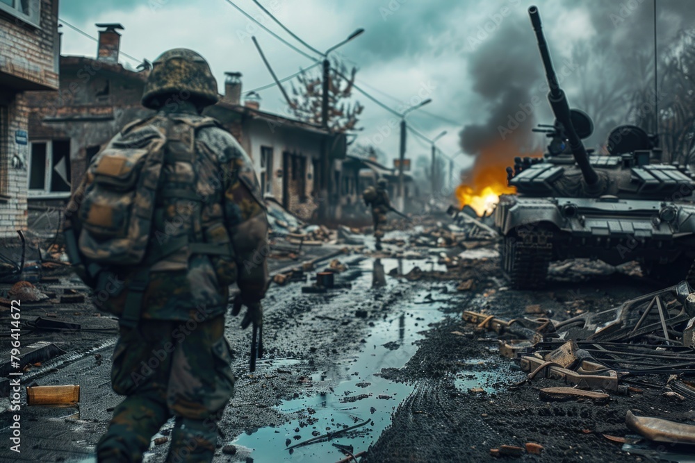 A soldier standing in front of a demolished structure. Suitable for military or war-related themes A soldier standing in front of a demolished structure. Suitable for military or war-related themes