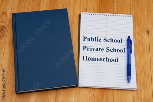 Public vs private vs homeschool schools with retro old blue book with notepad and pen photo