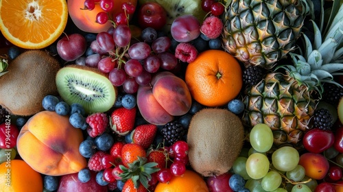 Fresh raw organic summer berries and exotic fruits. Macro. Close up. Pineapple  papaya  grapes  nectarine  orange  apricot  kiwi  lychees  cherry and physalis  raspberry. Top view