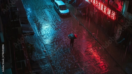 The relentless rain intensified the neon lights creating a surreal atmosphere as the lone wanderer trudged through the deserted backstreet. . AI generation. photo