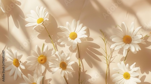 Elegant aesthetic chamomile daisy flower pattern with sunlight shadows on a neutral beige background with copy space photo