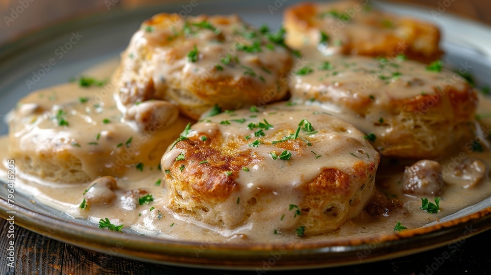 Guilt-free biscuits and gravy, whole wheat biscuits, turkey sausage in reduced-fat milk gravy, minimal oil used, on an isolated background, studio lighting Guilt-free biscuits and gravy, whole wheat biscuits, turkey sausage in reduced-fat milk gravy, minimal oil used, on an isolated background, studio lighting