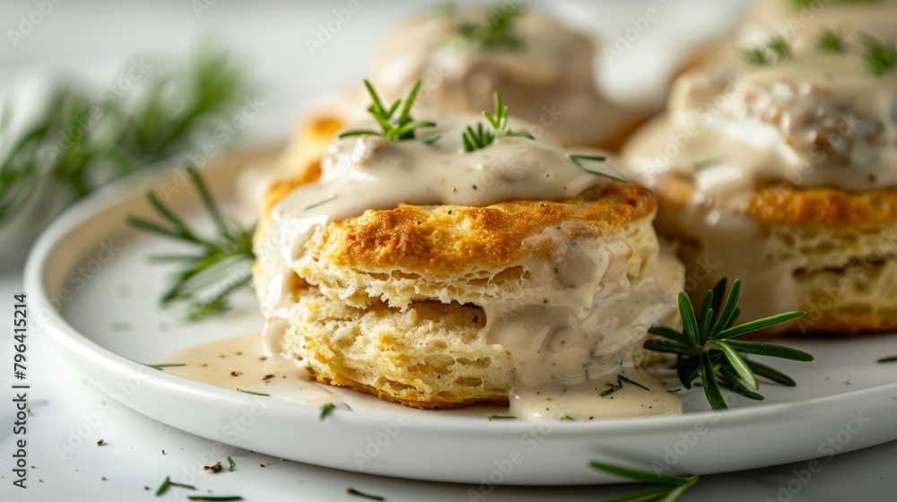 Guilt-free biscuits and gravy, whole wheat biscuits, turkey sausage in reduced-fat milk gravy, minimal oil used, on an isolated background, studio lighting Guilt-free biscuits and gravy, whole wheat biscuits, turkey sausage in reduced-fat milk gravy, minimal oil used, on an isolated background, studio lighting
