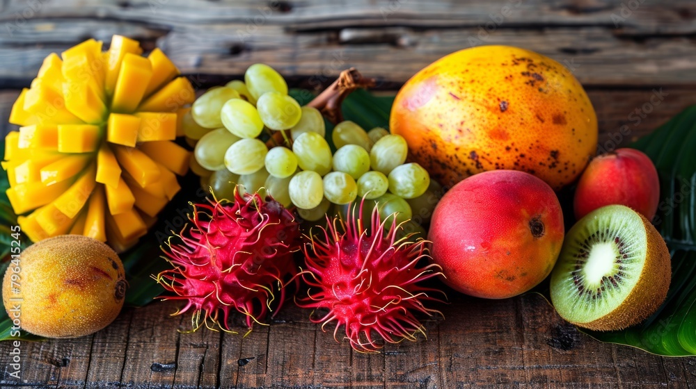 fresh tropical fruits - rambutan, papaya, kiwi, mango on a wooden background