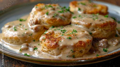 Guilt-free biscuits and gravy, whole wheat biscuits, turkey sausage in reduced-fat milk gravy, minimal oil used, on an isolated background, studio lighting