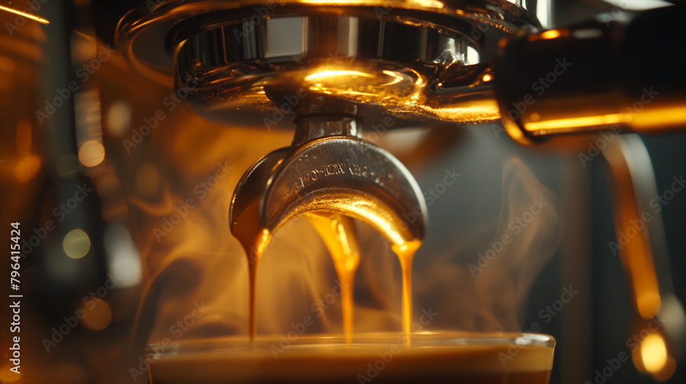 Close-up of Steamy Espresso Pour with Golden Crema