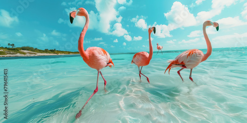 flamingos standing in shallow water. photo