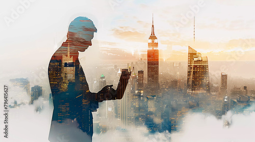 Silhouette of a financial man holding laptop and New York city view