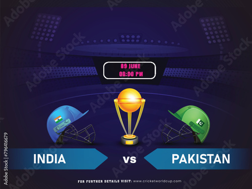 T20 Cricket Championship Poster Design with Gold Winner Trophy, Attire Helmet of Cricket Match Between India VS Pakistan Team.