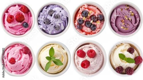 Delightful display of healthier ice cream options including frozen yogurt and fruit sorbet, featuring fewer added sugars and no artificial ingredients, isolated setup