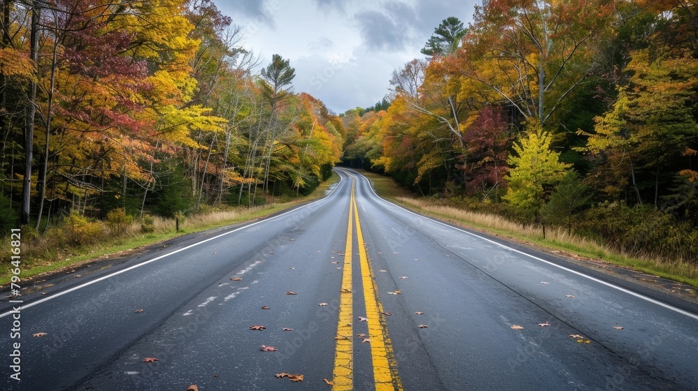 The only movement on the deserted highway is the occasional rustling of leaves as a gentle breeze blows through the trees. The stillness . AI generation.