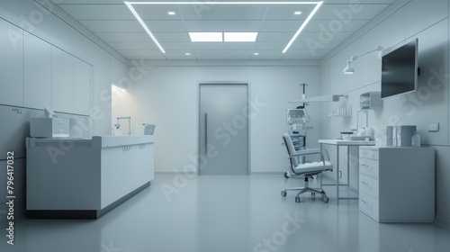 Interior of modern medical office. Doctor s workplace at night. Empty doctors office with white furniture and walls. Copy space