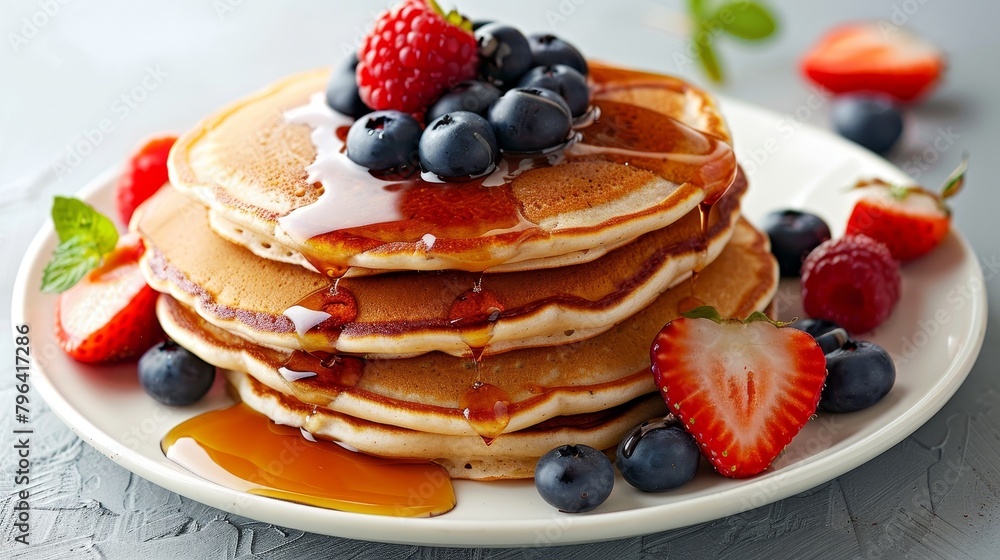 Delightful and healthy breakfast choice of pancakes made from whole grains, sweetened with natural syrup and berries, on a pristine isolated background