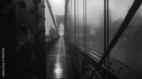 The fog obscures the view of the city below adding a touch of secrecy and seclusion to the bridge. . AI generation.