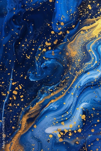 blue background, gold swirls and particles, abstract fluid shapes, gradient effect, glitter texture, 