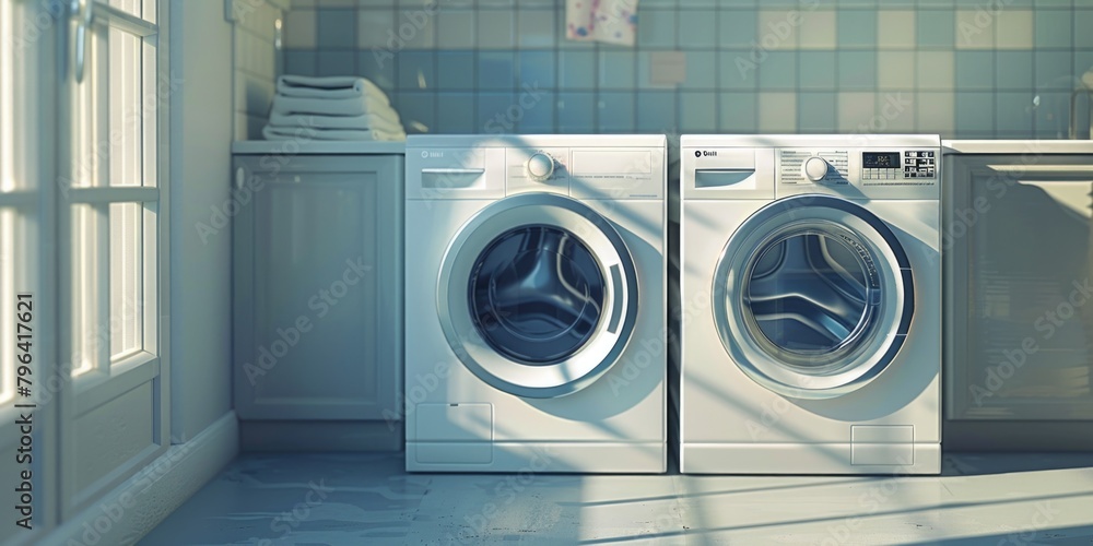A modern washer and dryer in a small room. Perfect for household appliance advertisements A modern washer and dryer in a small room. Perfect for household appliance advertisements