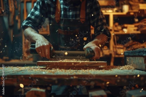 A man cutting a piece of wood in a woodworking shop. Ideal for woodworking and carpentry concepts photo