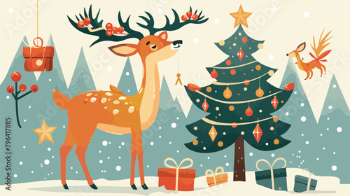 Deer decorating christmas tree. Winter character 