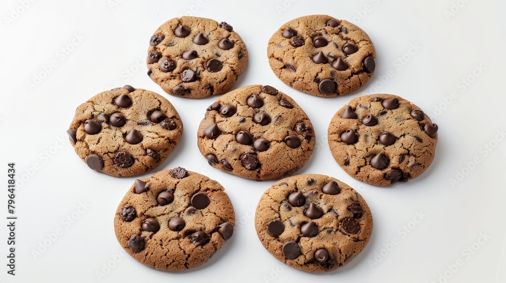 Delicious and healthy top view of chocolate chip cookies using whole wheat flour, rich dark chocolate chips, less sugar, perfect snack, isolated setting Delicious and healthy top view of chocolate chip cookies using whole wheat flour, rich dark chocolate chips, less sugar, perfect snack, isolated setting