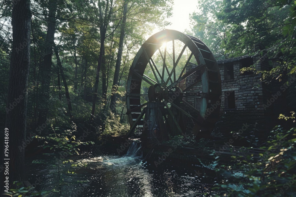 A picturesque water wheel in a serene forest setting, ideal for nature and outdoor themes