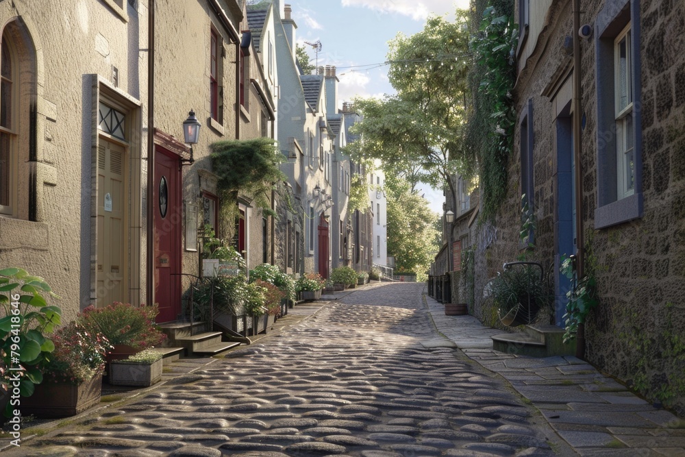 A charming cobblestone street adorned with potted plants, ideal for urban and travel concepts