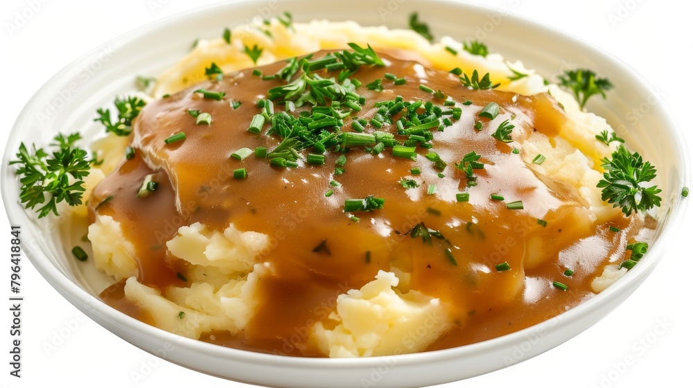 Delicious and healthy Mashed Potatoes with Gravy, using low-fat ingredients and minimal fat, elegantly presented from above, isolated background Delicious and healthy Mashed Potatoes with Gravy, using low-fat ingredients and minimal fat, elegantly presented from above, isolated background
