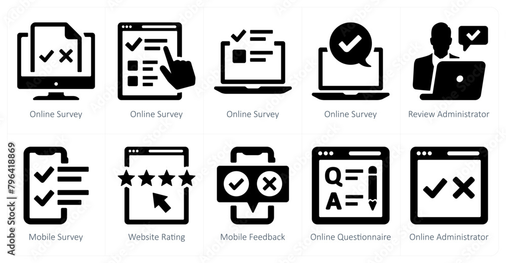 A set of 10 survey and ratings icons as online survey, review administrator, mobile survey A set of 10 survey and ratings icons as online survey, review administrator, mobile survey