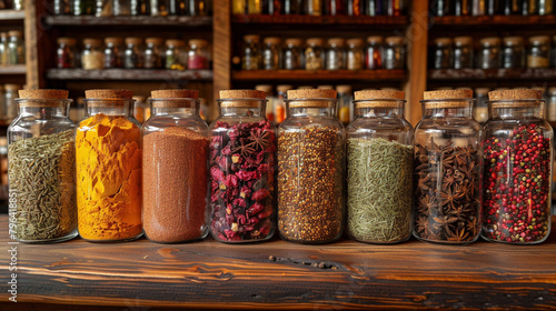 Row of Jars Filled With Various Spices