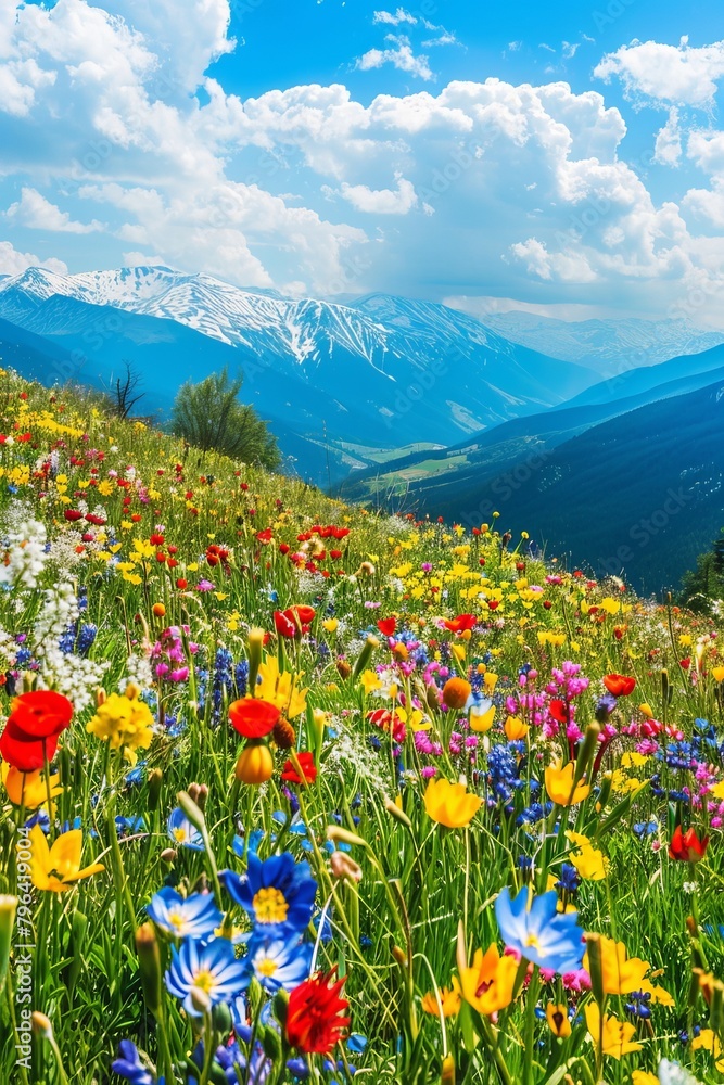Fototapeta premium Bright colors, nature, vast grasslands, colorful flower seas, red, yellow, blue, and other colors of flowers, mountain slopes, blue sky and white clouds, snowy mountains in the background, 