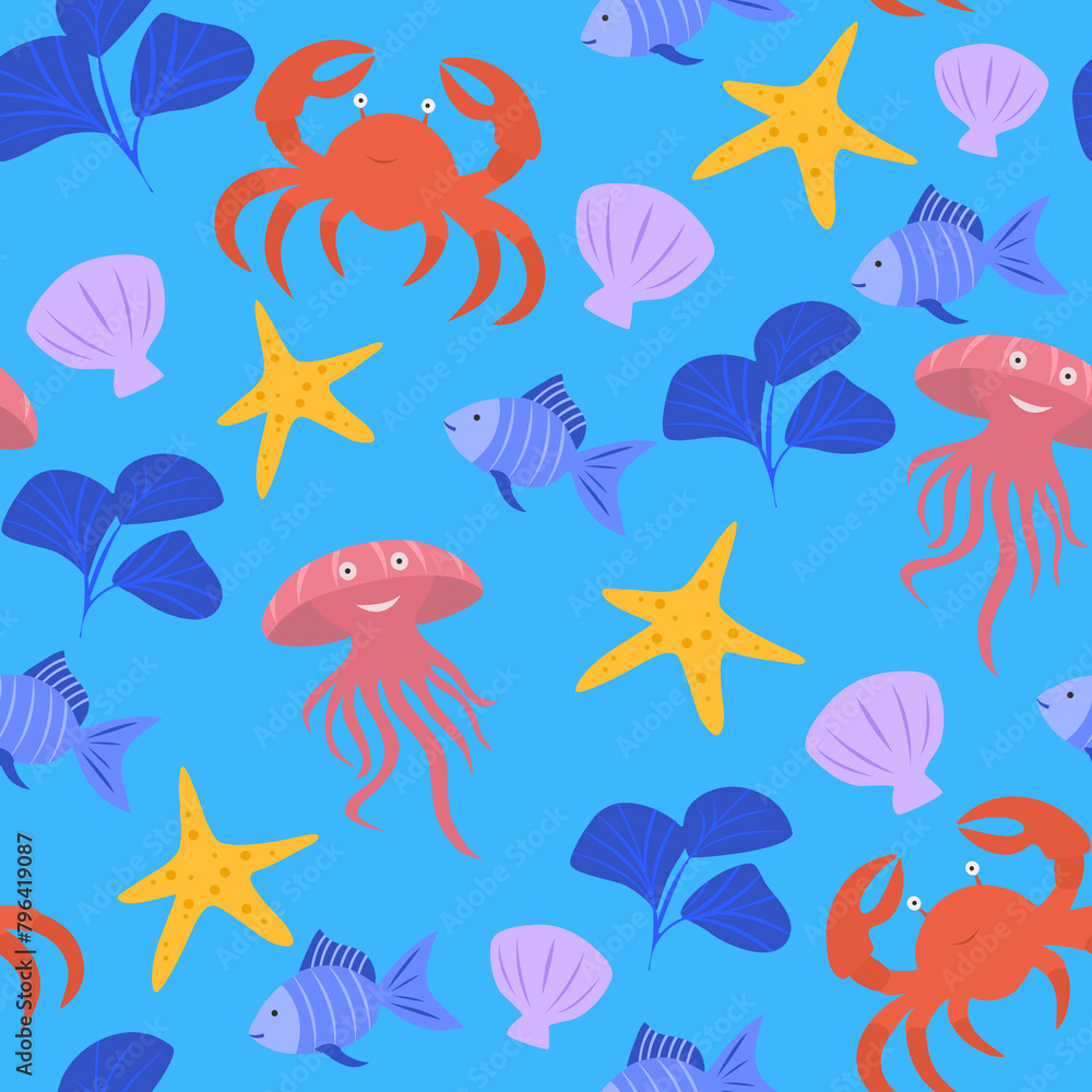 Ocean creatures seamless pattern. Sea life wallpaper 
