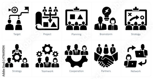A set of 10 Teamwork icons as target, project, planning, brainstorm