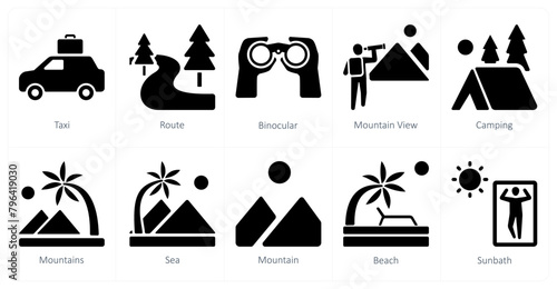 A set of 10 Travel and vacation icons as taxi, route, binocular