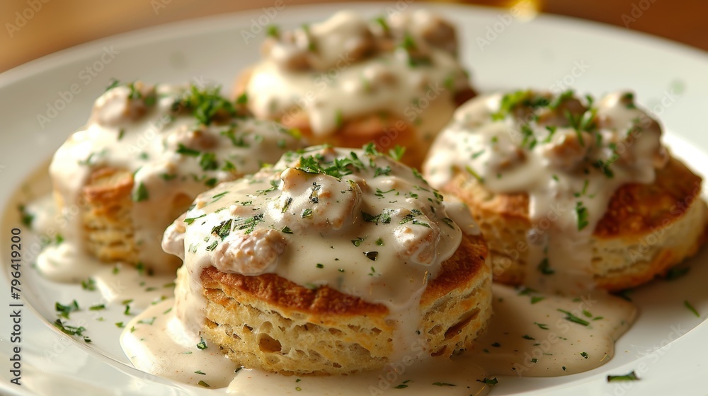 Delicious and healthy biscuits with gravy, using whole wheat biscuits, chicken sausage, and low-fat milk, prepared with less butter, isolated, studio lighting Delicious and healthy biscuits with gravy, using whole wheat biscuits, chicken sausage, and low-fat milk, prepared with less butter, isolated, studio lighting