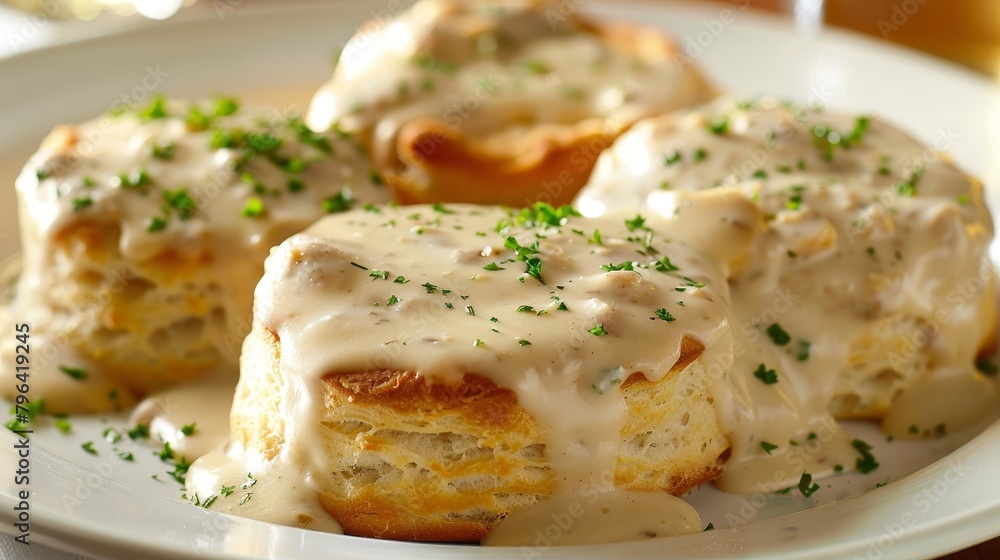 Delicious and healthy biscuits with gravy, using whole wheat biscuits, chicken sausage, and low-fat milk, prepared with less butter, isolated, studio lighting Delicious and healthy biscuits with gravy, using whole wheat biscuits, chicken sausage, and low-fat milk, prepared with less butter, isolated, studio lighting