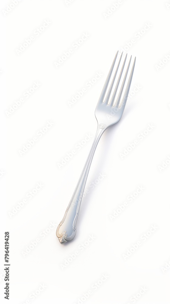 A silver fork with an ornate handle is isolated on a white background. A silver fork with an ornate handle is isolated on a white background.