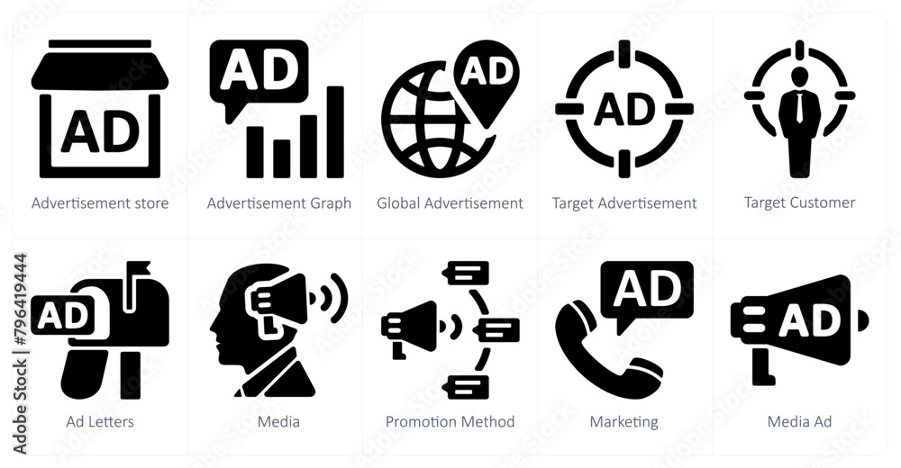 A set of 10 ads and marketing icons as advertisement store, advertisement graph, global advertisement