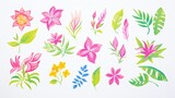 A set of watercolor tropical flowers and leaves.