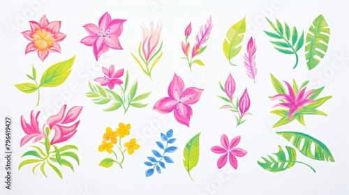A set of watercolor tropical flowers and leaves.