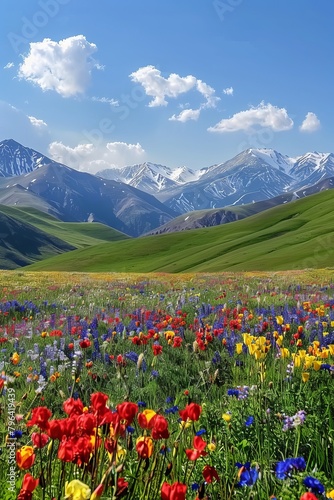 Bright colors, nature, vast grasslands, colorful flower seas, red, yellow, blue, and other colors of flowers, mountain slopes, blue sky and white clouds, snowy mountains in the background,