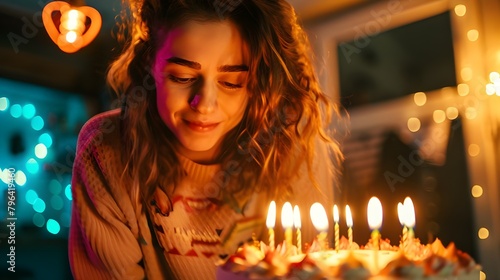 Happy birtday girl with birthday cake with burning candles ai generated 